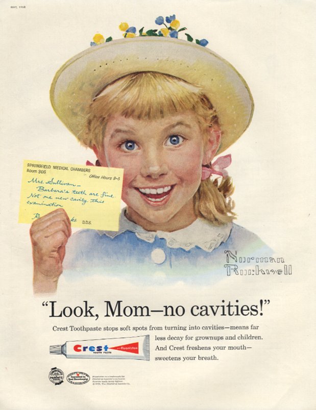 Girl wearing a yellow hat with yellow flowers and pink ribbon ponytails holds up an exam result from her dentist in a 1950s advertisement from Crest painted by Norman Rockwell.