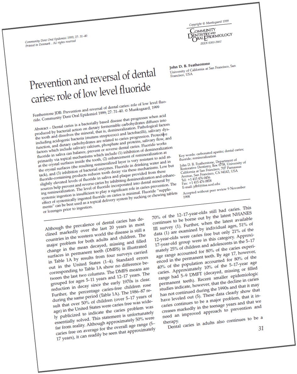 First page of 1999 paper by Featherstone, Prevention and reversal of dental caries: role of low level fluoride