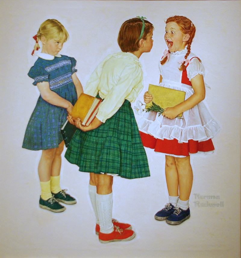 Famous Norman Rockwell painting of a redhead girl in two braids wearing a red A-line dress and white frilly apron with tennis shoes opens her mouth wide for another White girl in a green full skirt, yellow sweater, and tennies, bending forward to look at the redhead's missing front teeth.  A third blond girl looks on shyly.