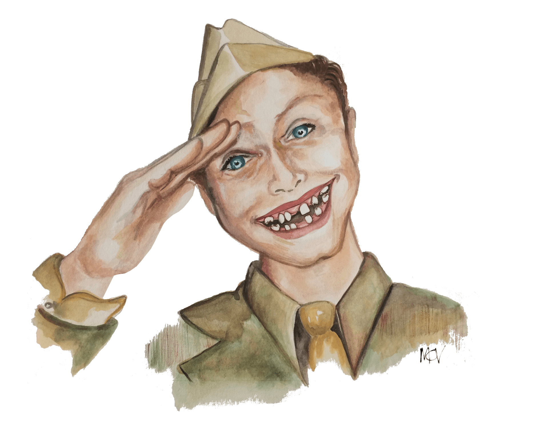 Illustration of dental health standard for service during World War 2, 6 pairs of teeth. Shows a big smile missing many teeth on a stereotypical 1940s happy guy with army hat.