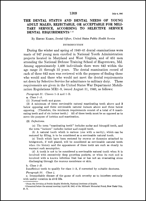 1941 paper by Klein on the dental health of young men in America