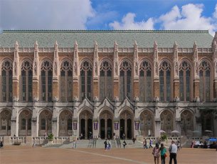 Suzzallo Library at University of Washington in Seattle with students outside