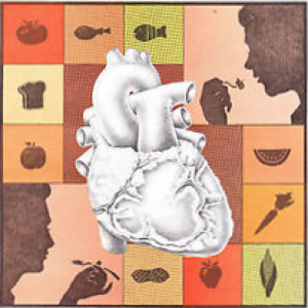 collage of food icons, people eating, and a heart