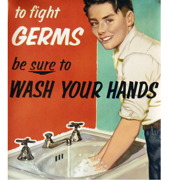 Historic poster from the American Lung Association showing a boy washing his hands; text says 'to fight germs be sure to wash your hands'
