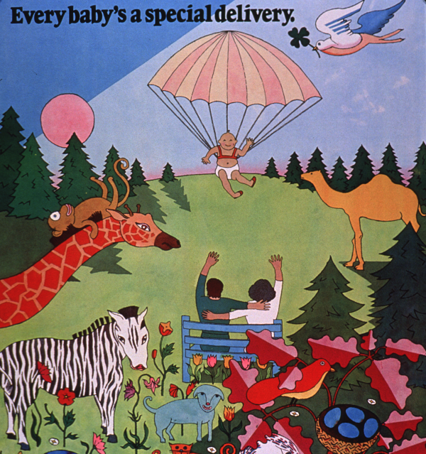 Baby parachuting down to two parents sitting on a park bench surrounded by animals; text says 'Every baby's a special deliver'