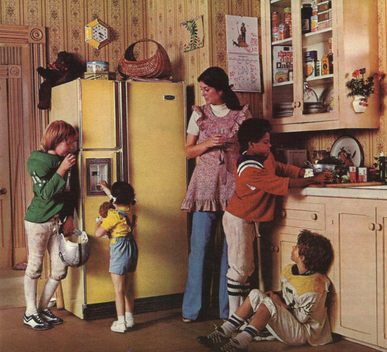 Vintage ad showing kids and a mom around a refrigerator