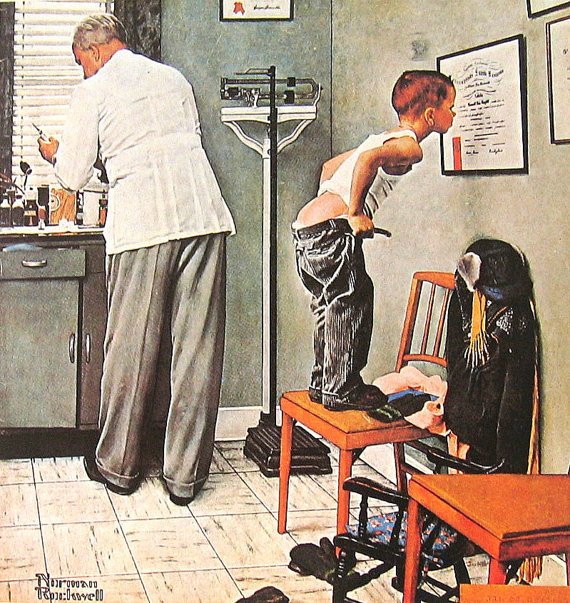 Humorous Norman Rockwell painting of boy inspecting doctor's credentials as doctor prepares a vaccination shot