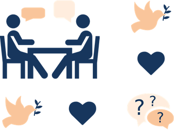 Icons displaying peaceful discussion and questioning science; two people sit at a table with speech bubbles; dove and heart icons; question bubble indicate scientific questions