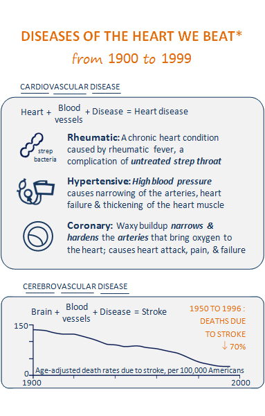 Title of slide 3: Diseases of the heart we beat from 1900 to 1999. First box: Cardiovascular disease, heart plus blood vessels plus disease equals heart disease. Rheumatic: a chronic heart condition caused by rheumatic fever, a complication of untreated strep throat, next to icon of a strep bacteria. Hypertensive: high blood pressure causes narrowing of the arteries, heart failure, and thickening of the heart muscle. Coronary: waxy buildup narrows and hardens the arteries that bring oxygen to the heart; causes heart attack, pain, and failure. Second box: Cerebrovascular disease, brain plus blood vessels plus disease equals stroke. Graph of age-adjusted death rates due to stroke per 100,000 Americans, from 1900 to 2000, declining from about 150 to about 25. Text: 1950 to 1996, deaths due to stroke declined 70%