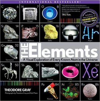 Book cover shows images, abbreviations, and atomic number for over a dozen example elements against a black background